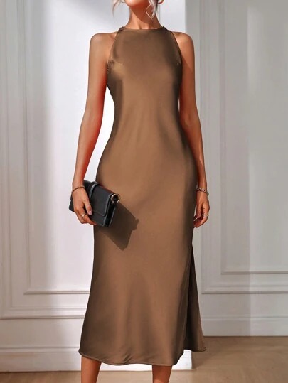 Italy Fashion Street - Robe mi-longue en Satin pour femmes,