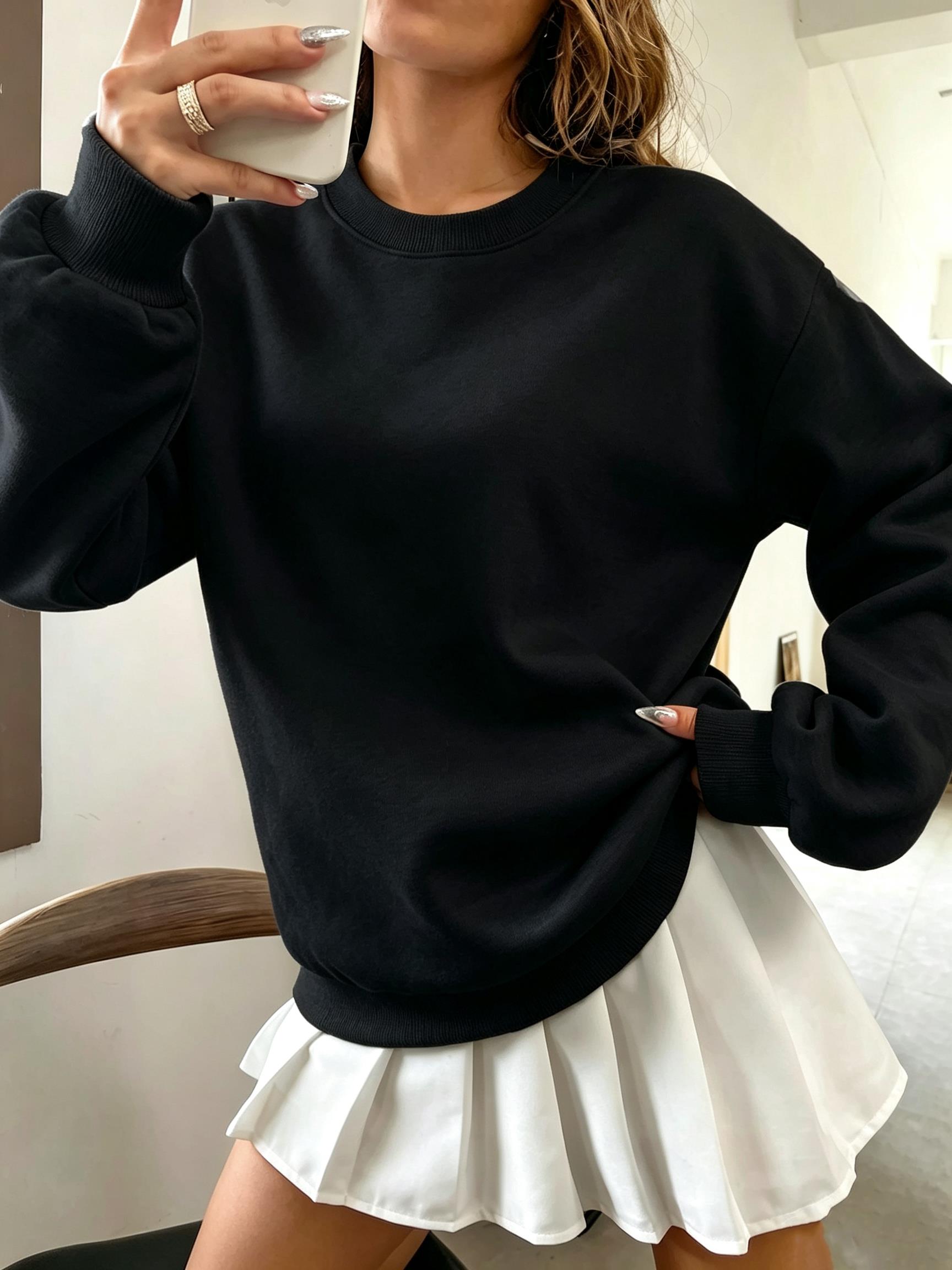 Oversized Crewneck Fleece - Sweat-shirt coréen surdimensionné de couleur unie
